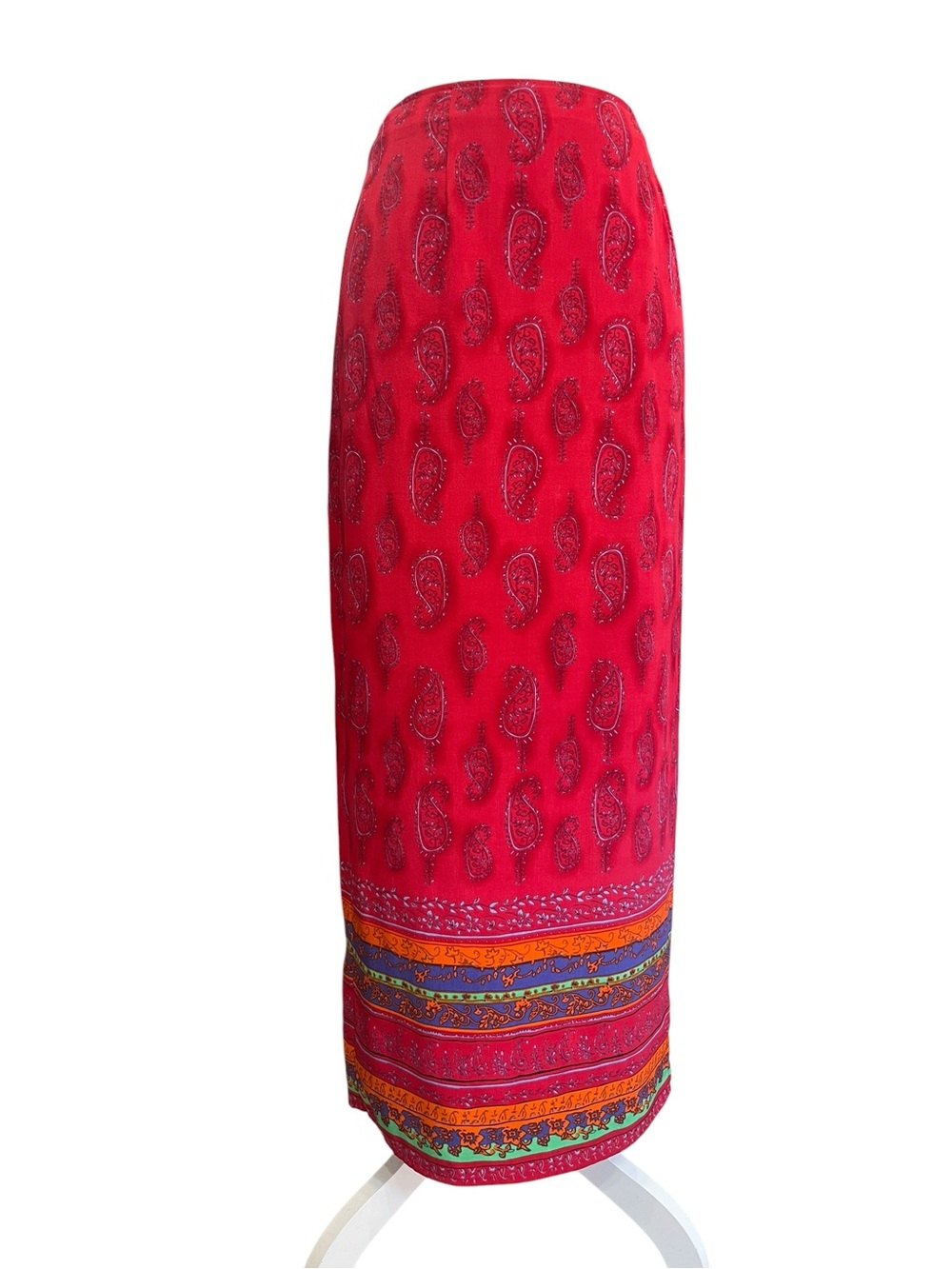 Vintage 90s Acorn Silk Paisley Maxi Wrap Skirt Red Boho Festival Cottagecore - Picture 2 of 10